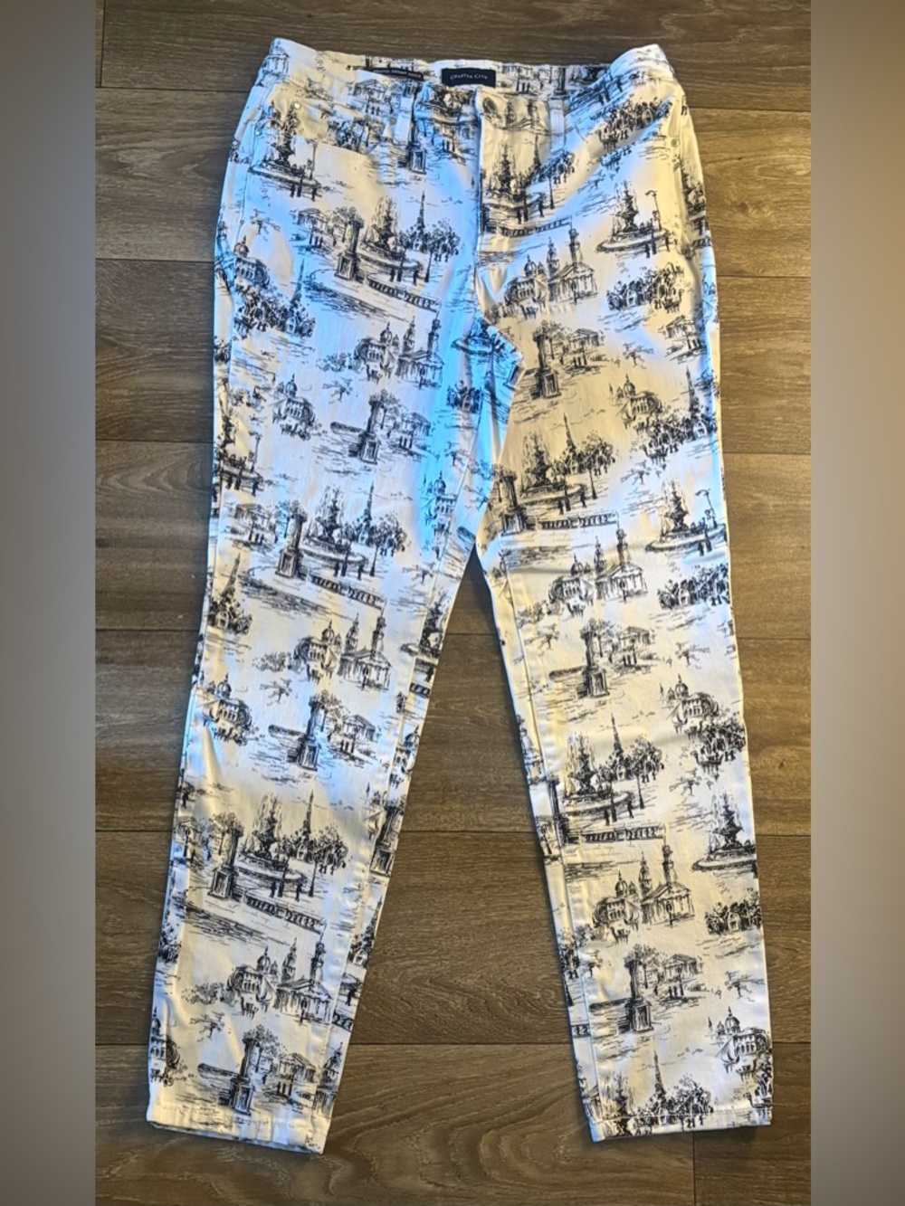 Charter Club Bristol Ankle Skinny Jeans in White with Black Scenic Print
